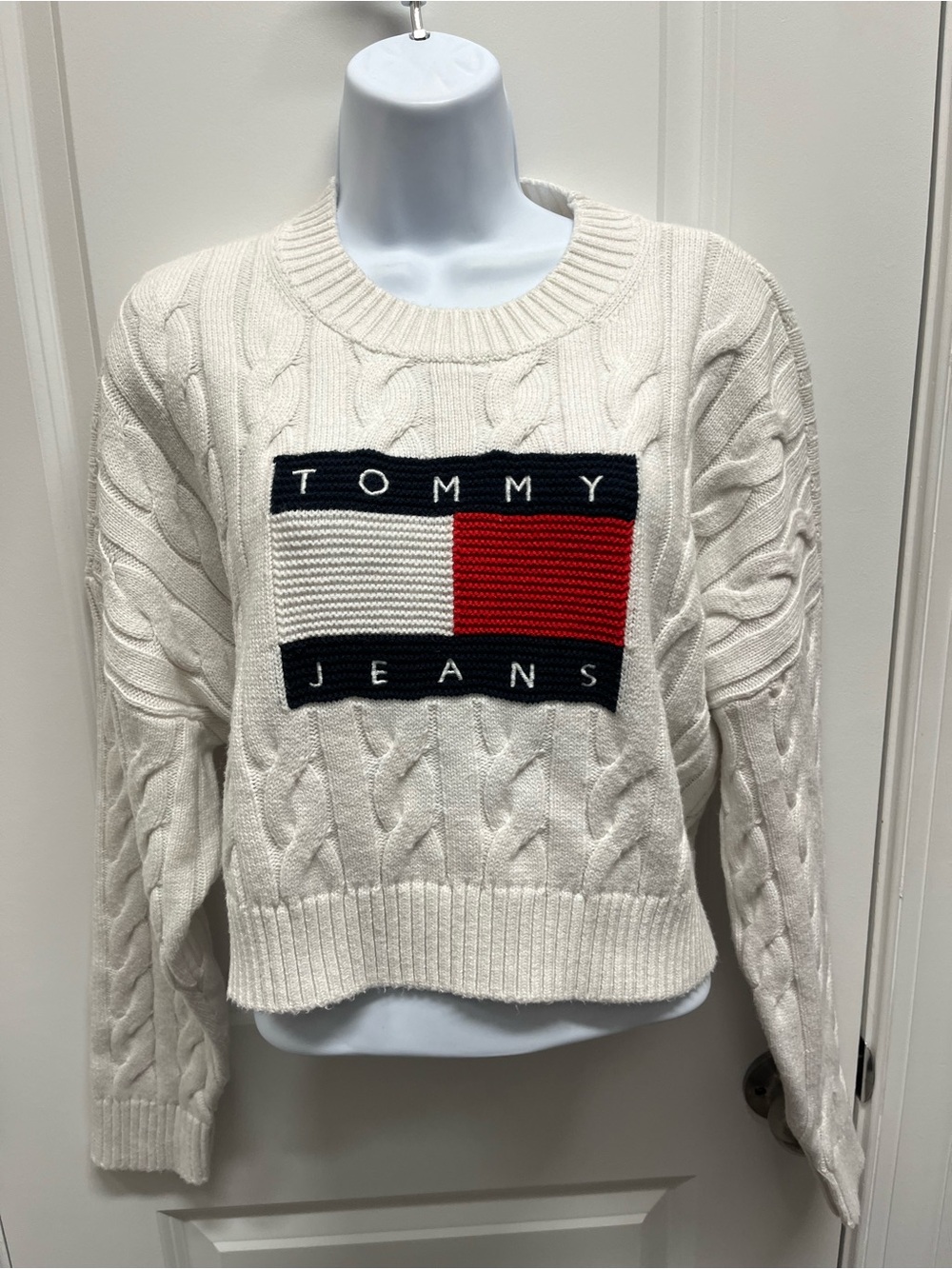 Tommy Jeans White Cable Knit Oversized Big Logo Sweater L
